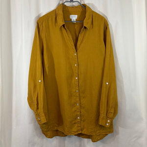 Women’s Sigrid Olsen 100% Linen Button Down Shirt Tunic Mustard Yellow Size 2X